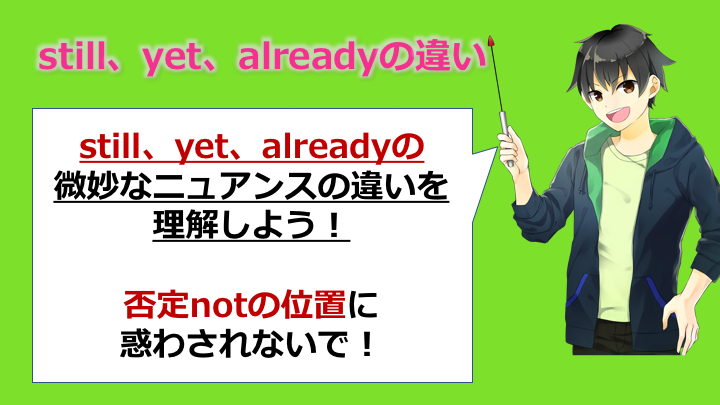 副詞still Yet Alreadyの違いを徹底分析 否定notの位置には注意しよう 英語の読みものブログ